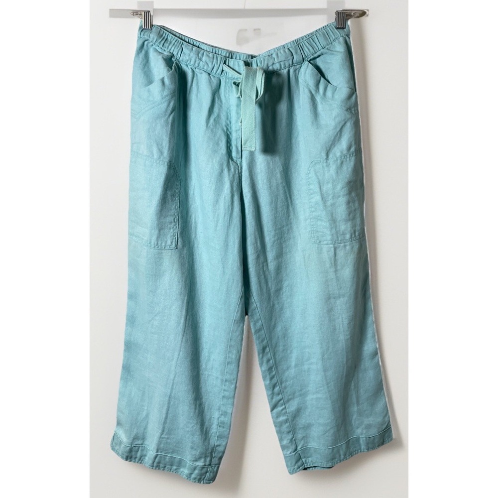 Cuffy's Cape Cod Women Size 14 Teal Blue Linen Wide Leg Capris Coastal Vacation